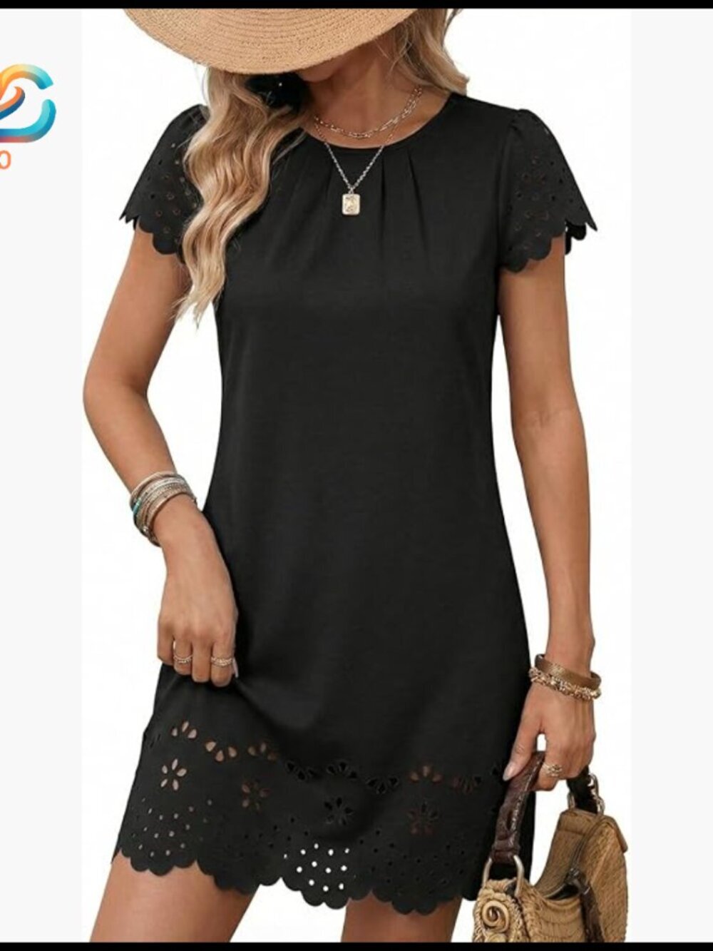 Short Sleeve Hollow Out Mini Dress Pleated Front Casual Elegant Stretch